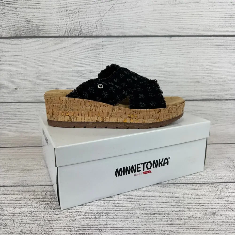 Minnetonka Women's Black Distressed Denim Posey Wedge Sandals Size 11